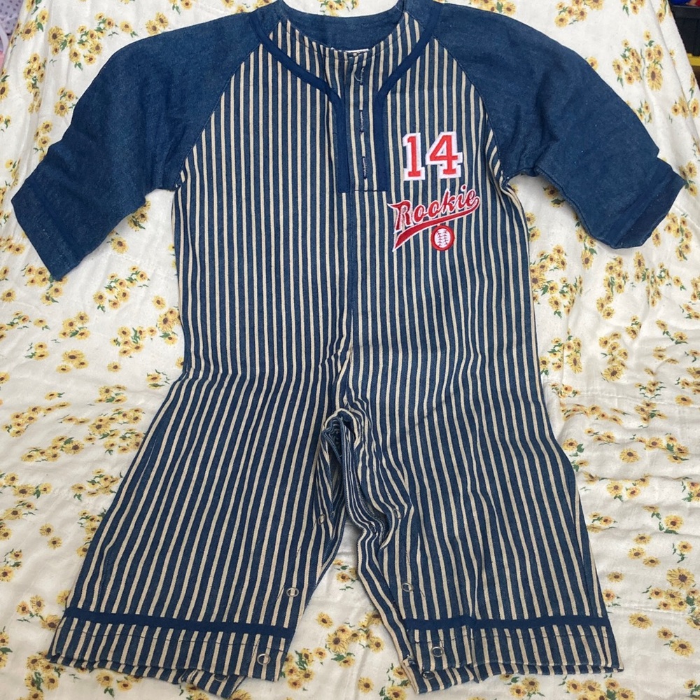 Vintage buddy boys striped denim 24 months romper one piece baseball theme